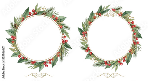 Watercolor Christmas Wreath Frames with Red Berries, Pine Branches and Green Botanical Accents