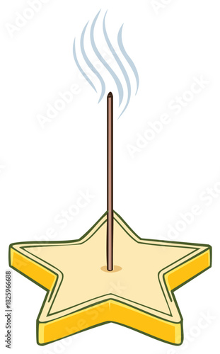 Burning incense stick on a star-shaped holder with smoke, vector illustration