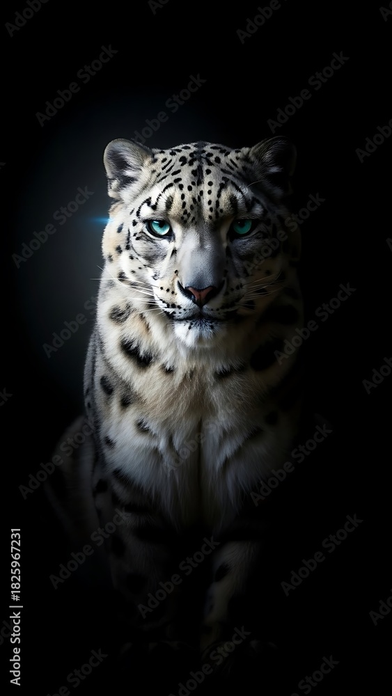 Fototapeta premium Snow leopard with piercing blue eyes in dark dramatic lighting big cat feline