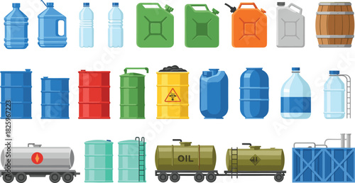 Collection of industrial containers, barrels, water bottles, fuel tanks, and chemical storage icons for transportation, factory equipment, oil and liquid storage