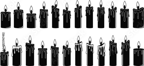 Collection of melting candle silhouettes with dripping wax, burning flame candles, decorative black and white candle icons for design