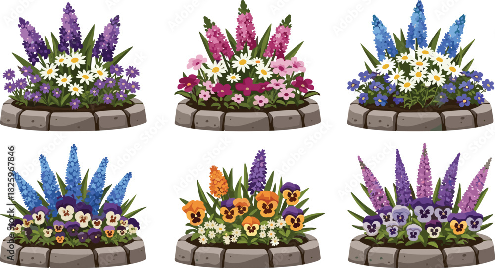 Fototapeta premium Colorful flower bed collection with daisies pansies lupines vibrant garden plants landscaping arrangement decorative blooming floral border illustration