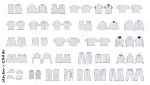 Technical clothing flats shirts vests shorts pants caps balaclavas hoodies and jackets