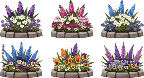 Colorful flower bed collection with daisies pansies lupines vibrant garden plants landscaping arrangement decorative blooming floral border illustration