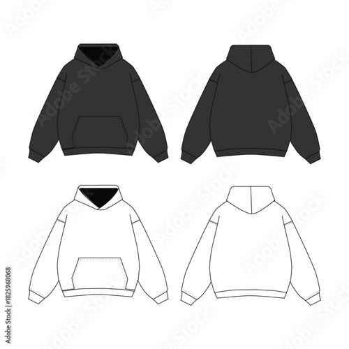 Two hooded sweatshirts one in black and one in white displayed from both the front and back views