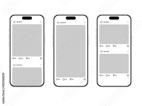 Three smartphone mockups displaying a social media interface featuring posts and interaction icons