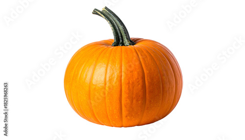 A vibrant, perfectly round, orange pumpkin with a dark green stem, isolated on black