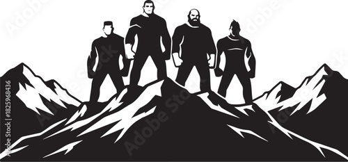 Mountain Hiking Team Silhouette – Climbers on Summit Adventure Artwork