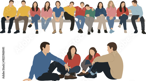 Diverse group of people sitting together casual friends community gathering teamwork discussion illustration relaxed poses social interaction flat design