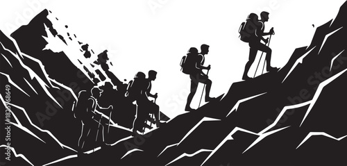 Mountain Hiking Team Silhouette – Climbers on Summit Adventure Artwork