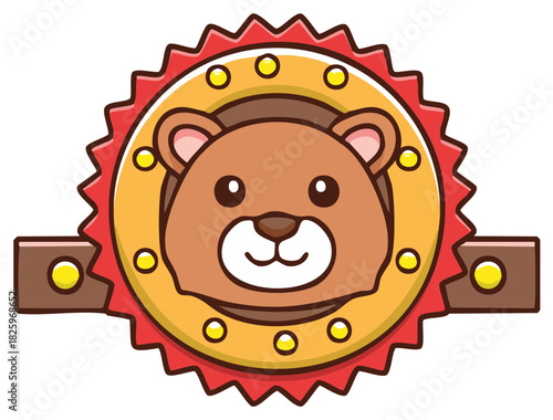 Cute cartoon lion head in a circus ring of fire and stars