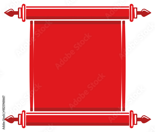 Red scroll illustration with decorative elements and blank space for text on white background