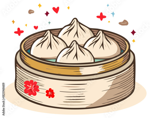 Steaming dumplings in a traditional bamboo steamer with festive decorations
