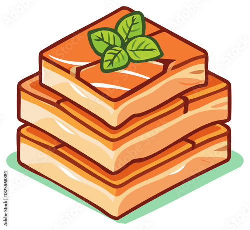 Stacked square slices of fresh raw salmon fish garnished with basil leaves