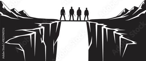 Mountain Hiking Team Silhouette – Climbers on Summit Adventure Artwork