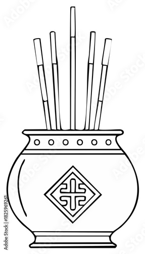 Doodle illustration of an incense pot with six sticks of incense representing spirituality and a religious tradition
