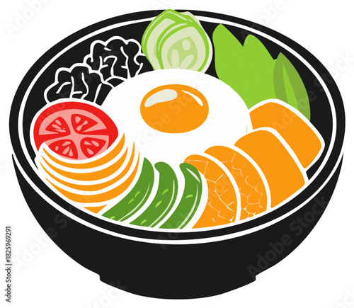 Colorful Korean bibimbap food bowl with fried egg and vegetables vector illustration