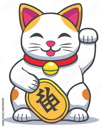 Beckoning Cartoon Cat Welcoming Luck and Fortune Symbolizing Asian Culture