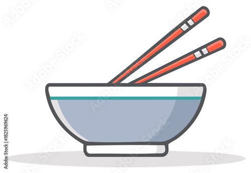 Graphic illustration of a minimalist Asian food bowl with red chopsticks ready for a meal