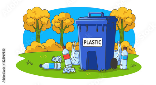 A blue plastic recycling bin on a green lawn, surrounded by discarded bottles, promotes environmental responsibility and waste sorting.