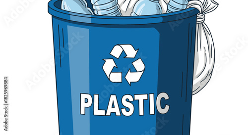 A blue recycling bin, clearly marked for plastic waste with the universal symbol, overflows with discarded bottles, promoting responsible waste management.