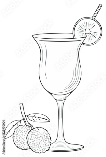 Hand drawn illustration of a tropical lychee fruit drink in a tall glass with a straw and orange slice garnish