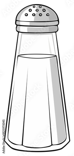 Simple black and white line art cartoon of a glass salt shaker for seasoning