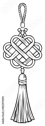 Intricate knot with tassel ornament decorative element line art illustration
