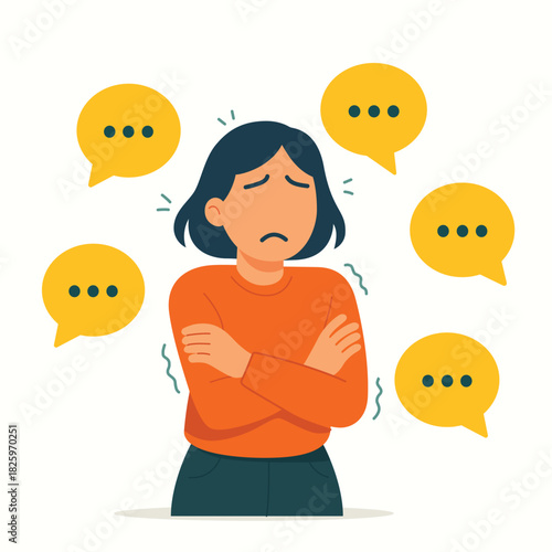 Social phobia illustration of woman anxious around conversation bubbles
