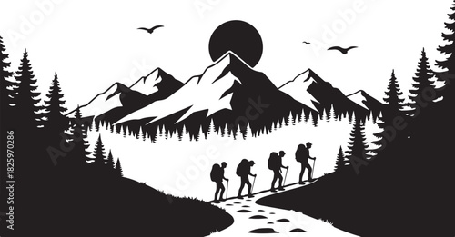 Mountain Hiking Team Silhouette – Climbers on Summit Adventure Artwork