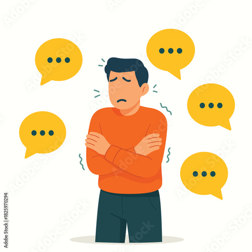 Social phobia depiction of man stressed by surrounding speech bubbles