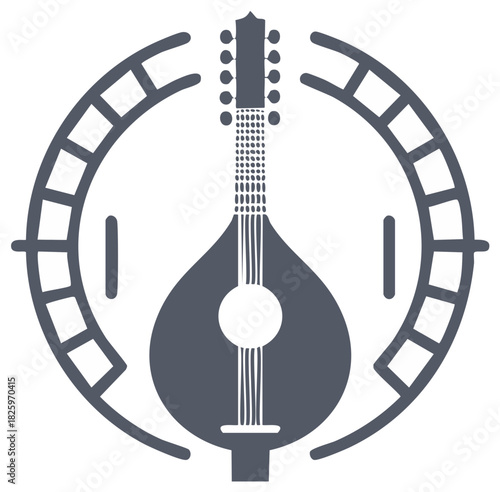 Stringed instrument in circular frame illustration folk music symbol logo template