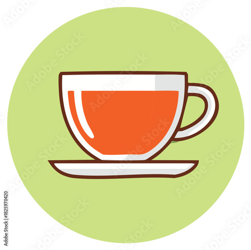 Stylized cartoon teacup icon featuring hot beverage and saucer in a cheerful light green circular design