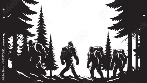 Mountain Hiking Team Silhouette – Climbers on Summit Adventure Artwork