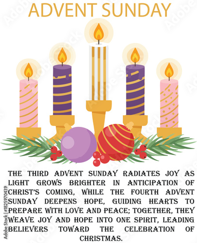 PrintFive lit Advent candles with pine branches and ornaments