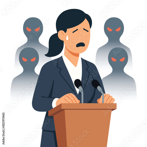 Fear of public speaking glossophobia illustration of woman anxious at podium