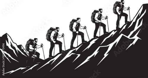 Mountain Hiking Team Silhouette – Climbers on Summit Adventure Artwork