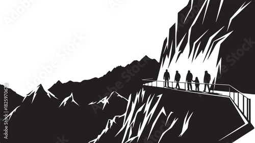 Mountain Hiking Team Silhouette – Climbers on Summit Adventure Artwork