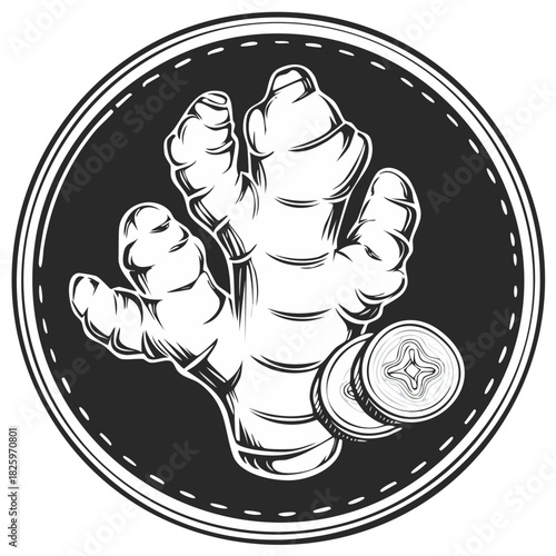 Stylized black and white illustration of a ginger root with slices in a circular emblem