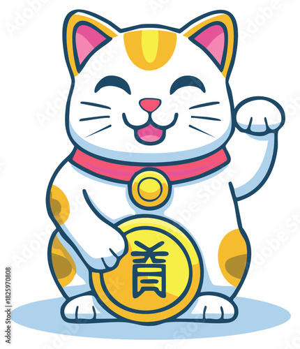 Cartoon illustration of a lucky Maneki Neko cat waving and holding coin