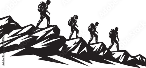 Mountain Hiking Team Silhouette – Climbers on Summit Adventure Artwork