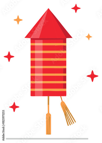 Red Fireworks Rocket with Yellow Stripes and Tassels Surrounded by Stars