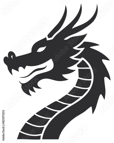 Striking Dragon Head Silhouette. Traditional Asian Mythical Serpent Creature Design. Decorative Graphic Tattoo Style Vector Illustration.