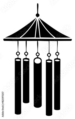 Wind Chime Vector Silhouette with Umbrella Top and Hanging Metal Cylinders