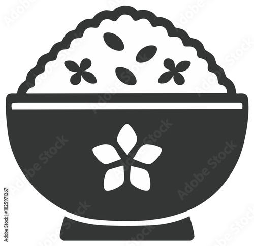 Stylized bowl of rice with floral design flat icon symbolizing Asian cuisine and food preparation