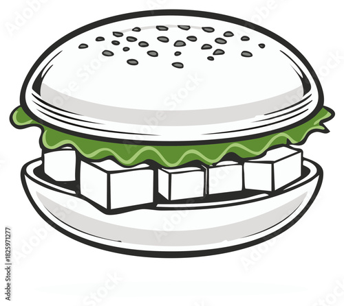Stylized illustration of a simple tofu burger with sesame seeds and lettuce