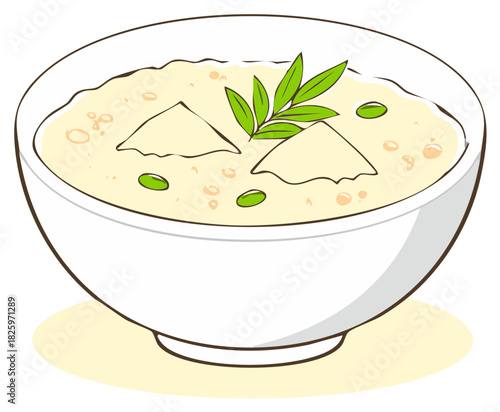 Bowl of warm creamy vegetable soup with garnish cartoon illustration