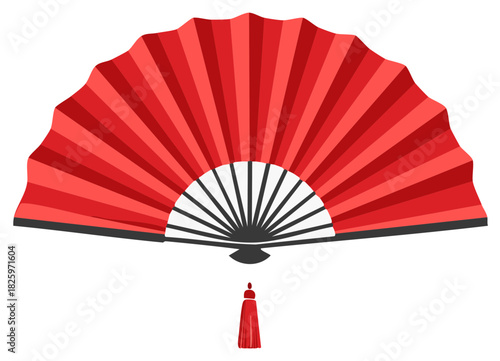 Elegant Red Folding Fan with Tassel Detail, Asian Culture Decoration, Handheld Accessory