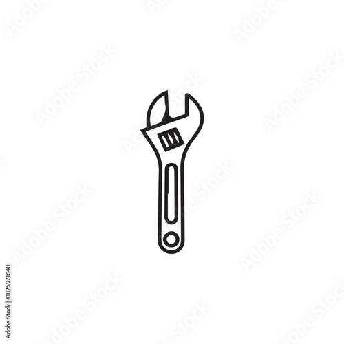 Simple black and white illustration of an adjustable wrench, isolated on white background.