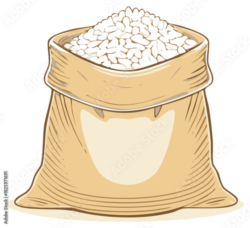 Open burlap sack full of uncooked white rice grains vector illustration